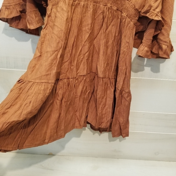 {M} Hayden Exaggerated Open Ruffled Dolman Sleeve Dress in Brick - Picture 7 of 10